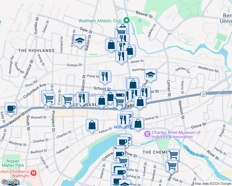 map of restaurants, bars, coffee shops, grocery stores, and more near 156 School Street in Waltham