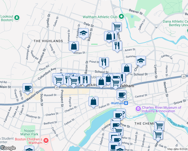 map of restaurants, bars, coffee shops, grocery stores, and more near 228R School Street in Waltham