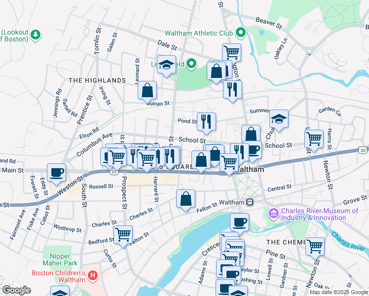 map of restaurants, bars, coffee shops, grocery stores, and more near 228R School Street in Waltham
