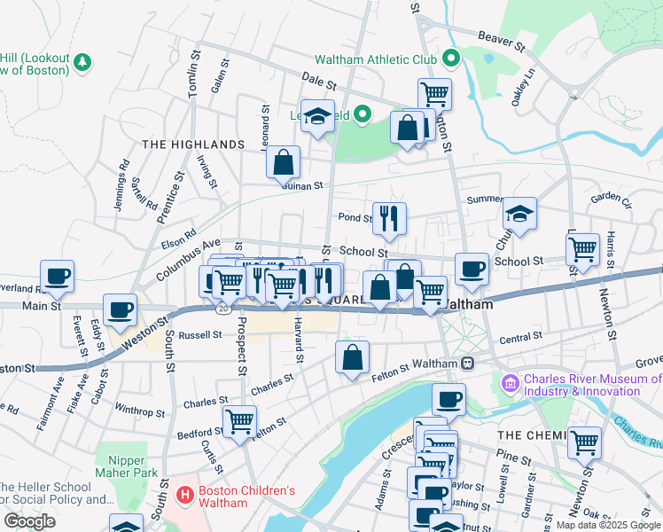 map of restaurants, bars, coffee shops, grocery stores, and more near 47b Bacon Street in Waltham