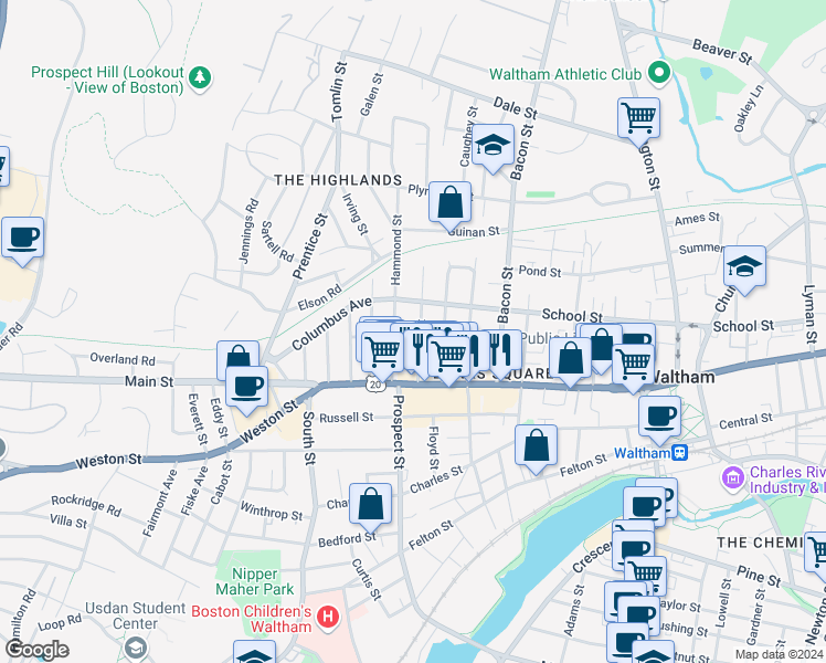 map of restaurants, bars, coffee shops, grocery stores, and more near 45b Francis Street in Waltham
