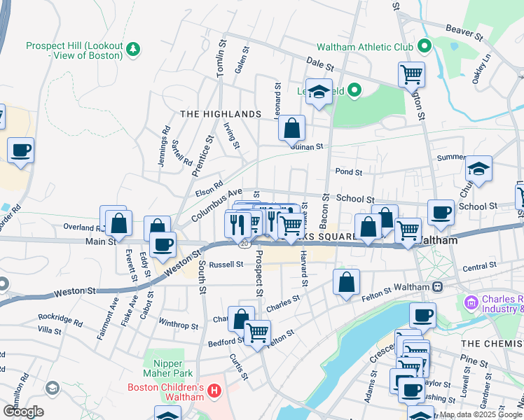 map of restaurants, bars, coffee shops, grocery stores, and more near 50 Hammond Street in Waltham