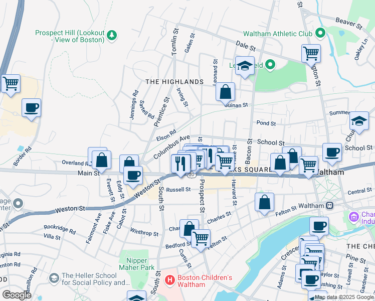 map of restaurants, bars, coffee shops, grocery stores, and more near 43 Wellington Street in Waltham