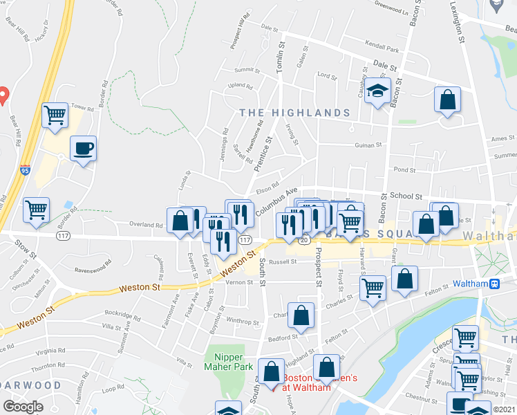 map of restaurants, bars, coffee shops, grocery stores, and more near 69 Columbus Avenue in Waltham