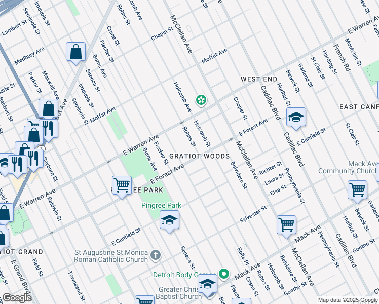 map of restaurants, bars, coffee shops, grocery stores, and more near 4729 Rohns Street in Detroit