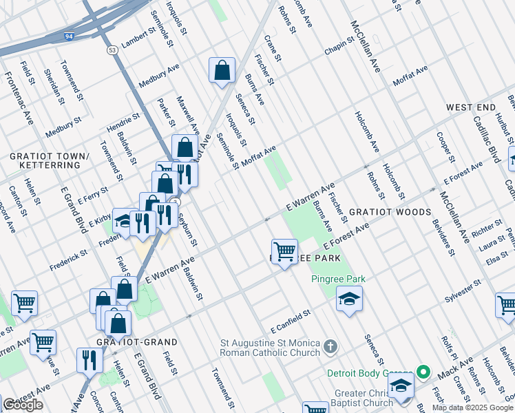 map of restaurants, bars, coffee shops, grocery stores, and more near 5050 Seminole Street in Detroit