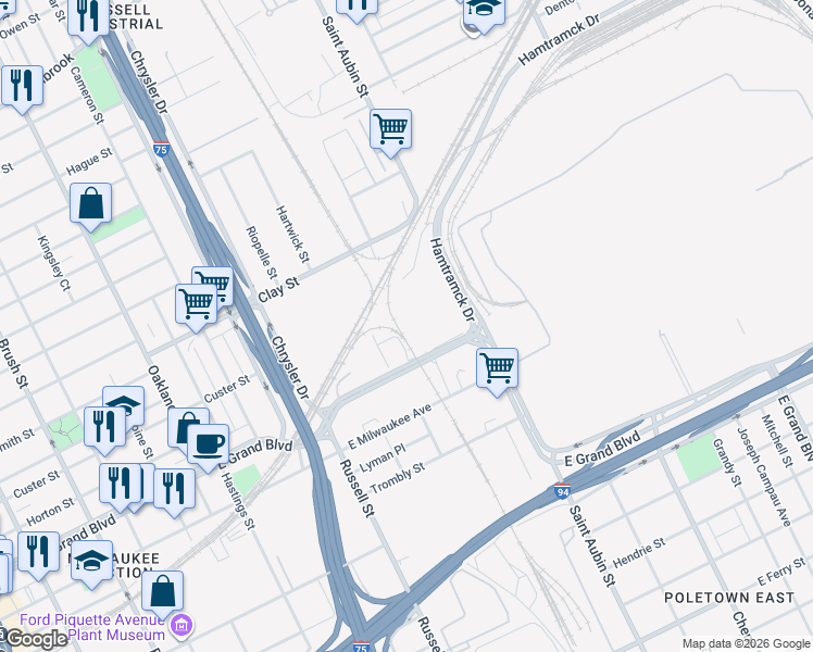 map of restaurants, bars, coffee shops, grocery stores, and more near 7401 Saint Aubin Street in Detroit