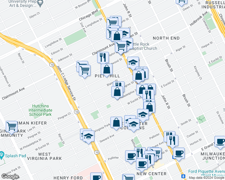 map of restaurants, bars, coffee shops, grocery stores, and more near 158 Pingree Street in Detroit