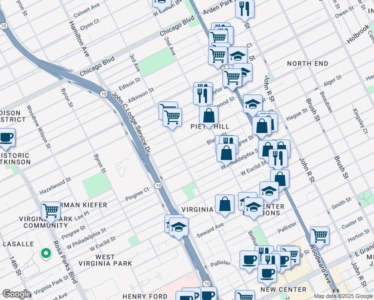 map of restaurants, bars, coffee shops, grocery stores, and more near 728 Blaine Street in Detroit