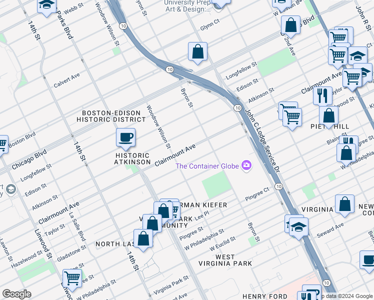 map of restaurants, bars, coffee shops, grocery stores, and more near 1500 Clairmount Avenue in Detroit