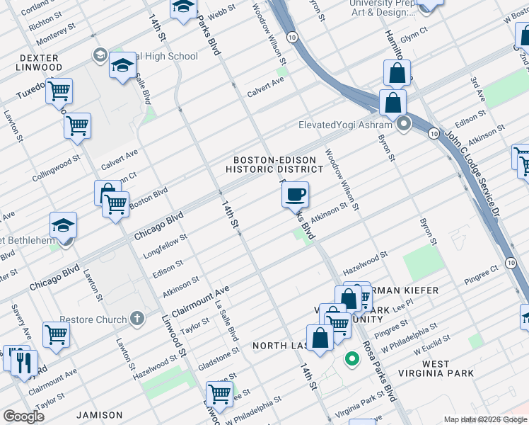 map of restaurants, bars, coffee shops, grocery stores, and more near 2021 Longfellow Street in Detroit