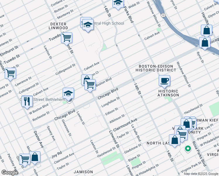 map of restaurants, bars, coffee shops, grocery stores, and more near 2445 West Boston Boulevard in Detroit