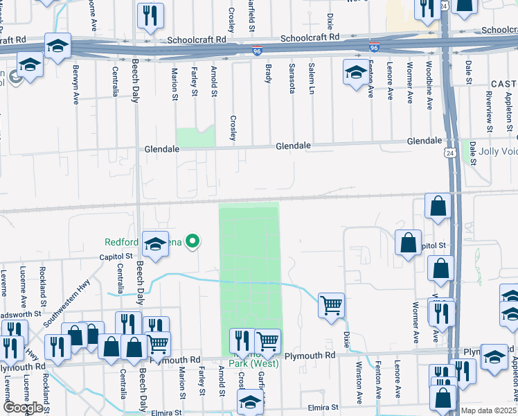 map of restaurants, bars, coffee shops, grocery stores, and more near in Redford Charter Township