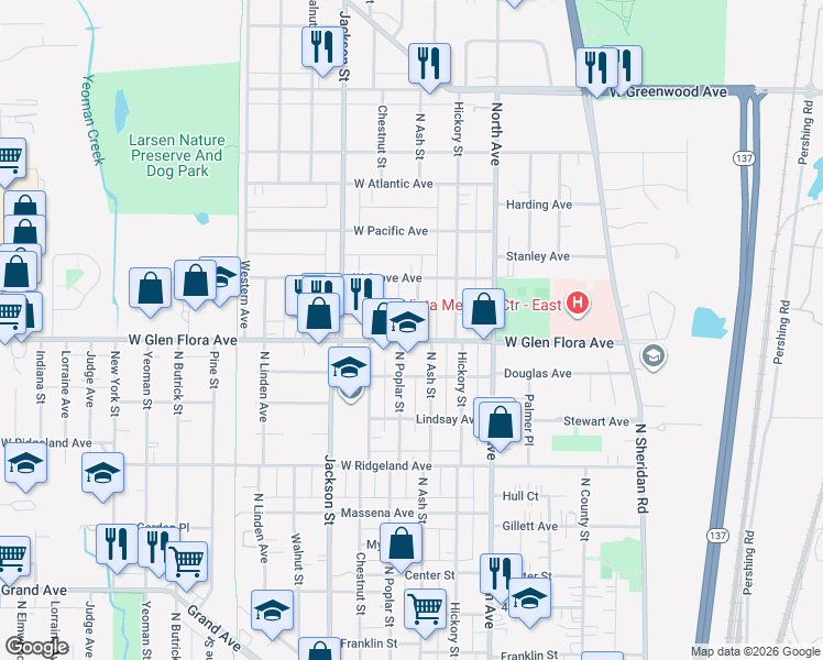 map of restaurants, bars, coffee shops, grocery stores, and more near 1311 North Ash Street in Waukegan