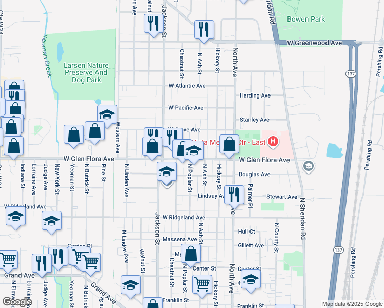 map of restaurants, bars, coffee shops, grocery stores, and more near 1311 Chestnut Street in Waukegan
