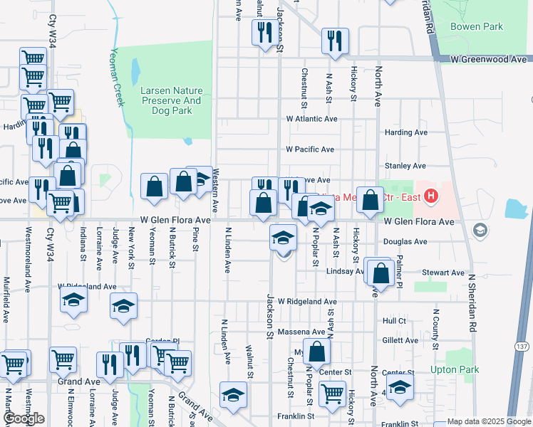 map of restaurants, bars, coffee shops, grocery stores, and more near 1313 Walnut Street in Waukegan
