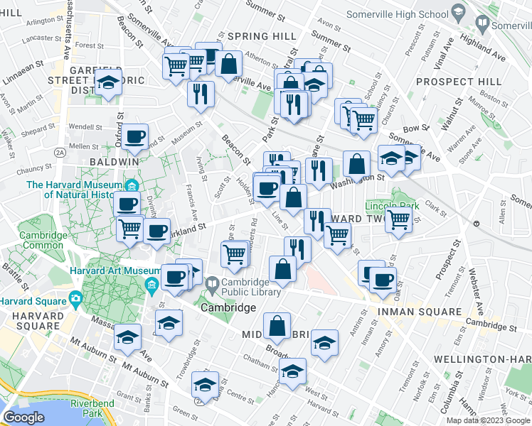 map of restaurants, bars, coffee shops, grocery stores, and more near 46 Myrtle Avenue in Cambridge