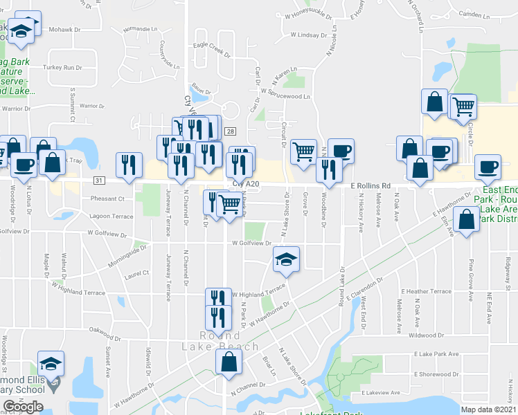 map of restaurants, bars, coffee shops, grocery stores, and more near 205 Geneva Terrace in Round Lake Beach