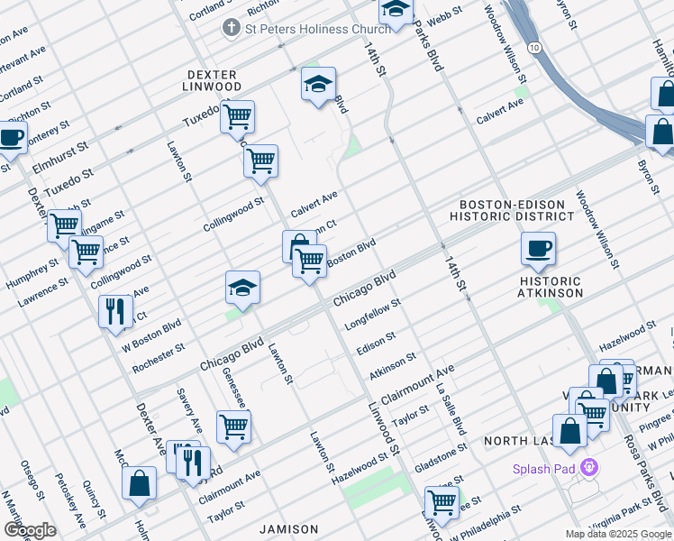 map of restaurants, bars, coffee shops, grocery stores, and more near 2505 West Boston Boulevard in Detroit