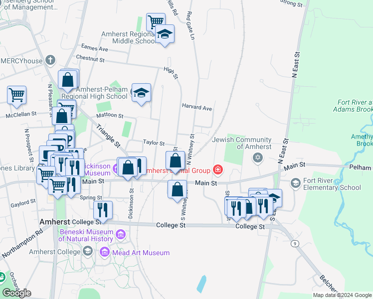 map of restaurants, bars, coffee shops, grocery stores, and more near 60 North Whitney Street in Amherst