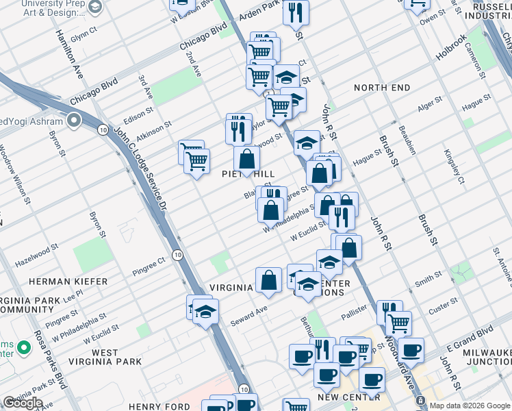 map of restaurants, bars, coffee shops, grocery stores, and more near 600 Pingree Street in Detroit