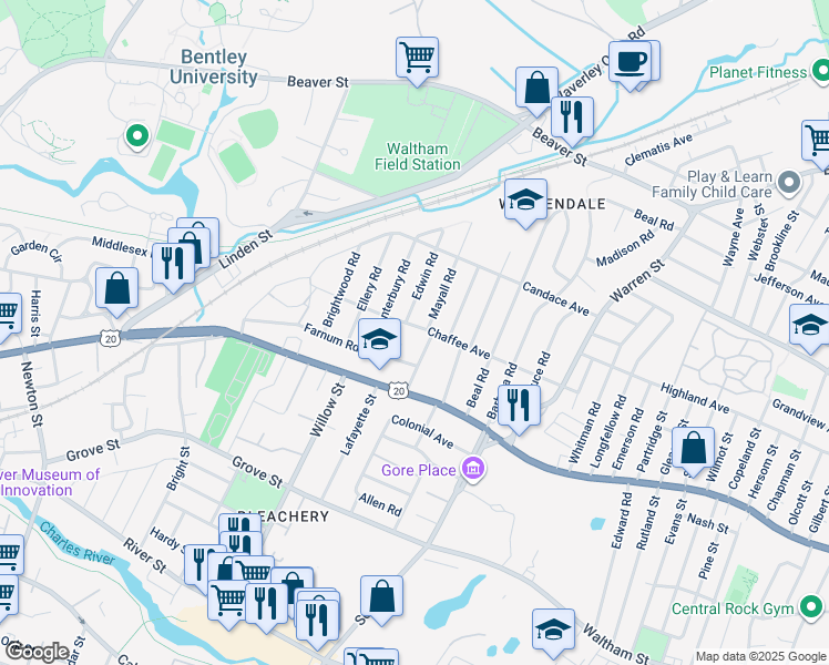 map of restaurants, bars, coffee shops, grocery stores, and more near 120 Chaffee Avenue in Waltham