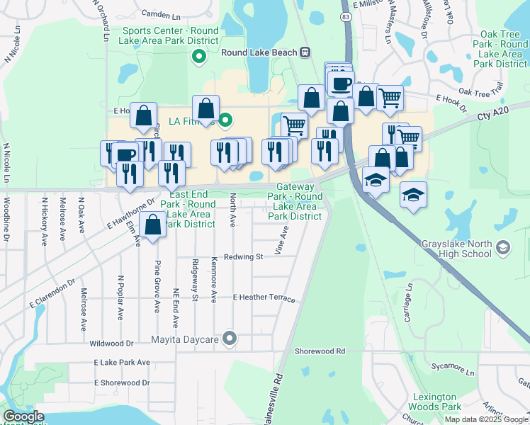 map of restaurants, bars, coffee shops, grocery stores, and more near 527 E Clarendon Dr in Round Lake Beach