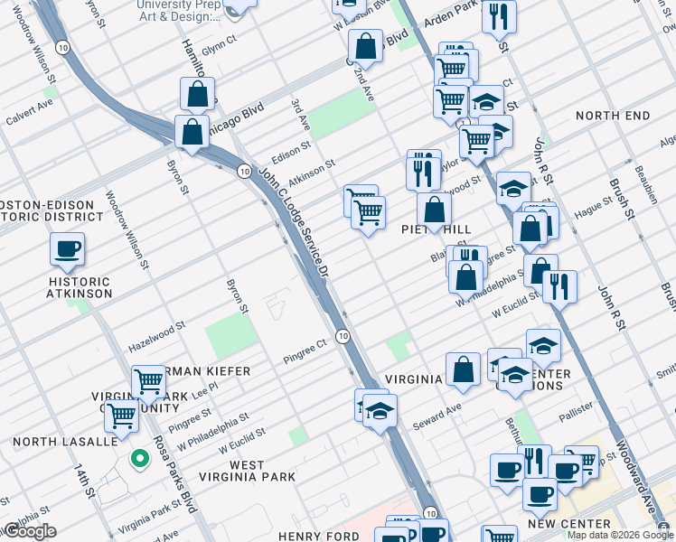 map of restaurants, bars, coffee shops, grocery stores, and more near 889 Hazelwood Street in Detroit