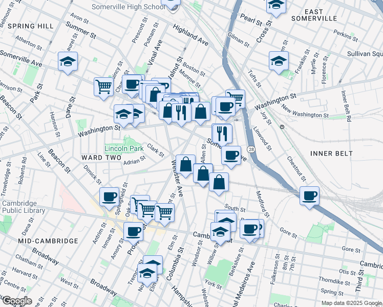 map of restaurants, bars, coffee shops, grocery stores, and more near 21 Allen Street in Somerville