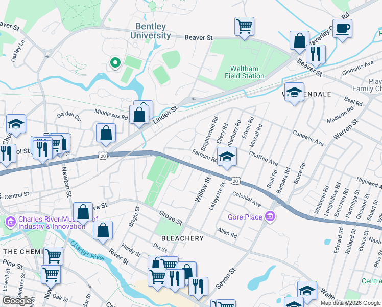 map of restaurants, bars, coffee shops, grocery stores, and more near 49 Farnum Road in Waltham