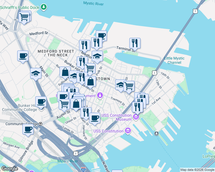 map of restaurants, bars, coffee shops, grocery stores, and more near in Boston