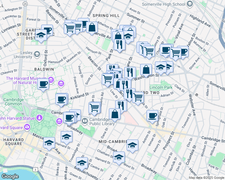 map of restaurants, bars, coffee shops, grocery stores, and more near 100 Kirkland Street in Cambridge