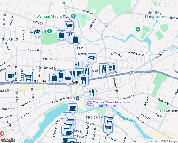 map of restaurants, bars, coffee shops, grocery stores, and more near 64 School Street in Waltham