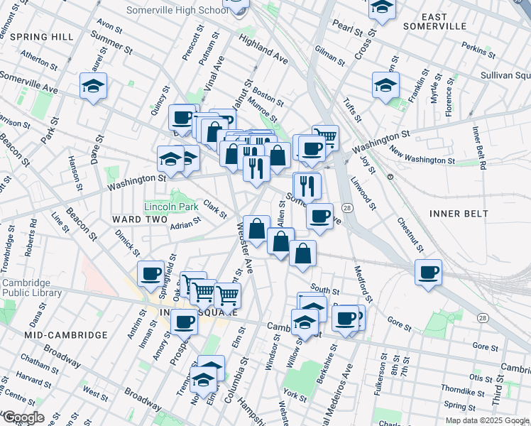 map of restaurants, bars, coffee shops, grocery stores, and more near 65 Bennett Court in Somerville