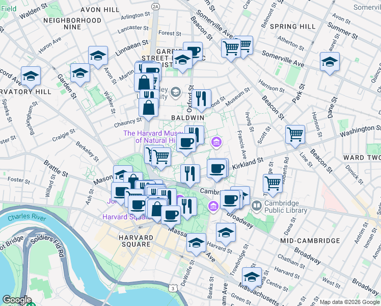 map of restaurants, bars, coffee shops, grocery stores, and more near 24 Oxford Street in Cambridge