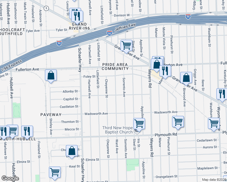 map of restaurants, bars, coffee shops, grocery stores, and more near 12237 Ward Avenue in Detroit