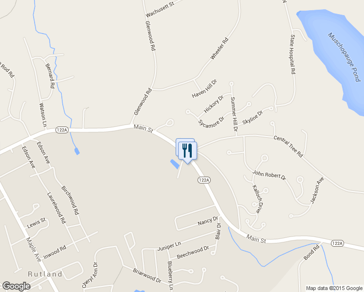 map of restaurants, bars, coffee shops, grocery stores, and more near 94 Main Street in Rutland