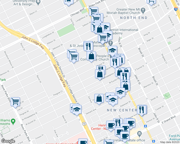 map of restaurants, bars, coffee shops, grocery stores, and more near 657 Blaine St in Detroit