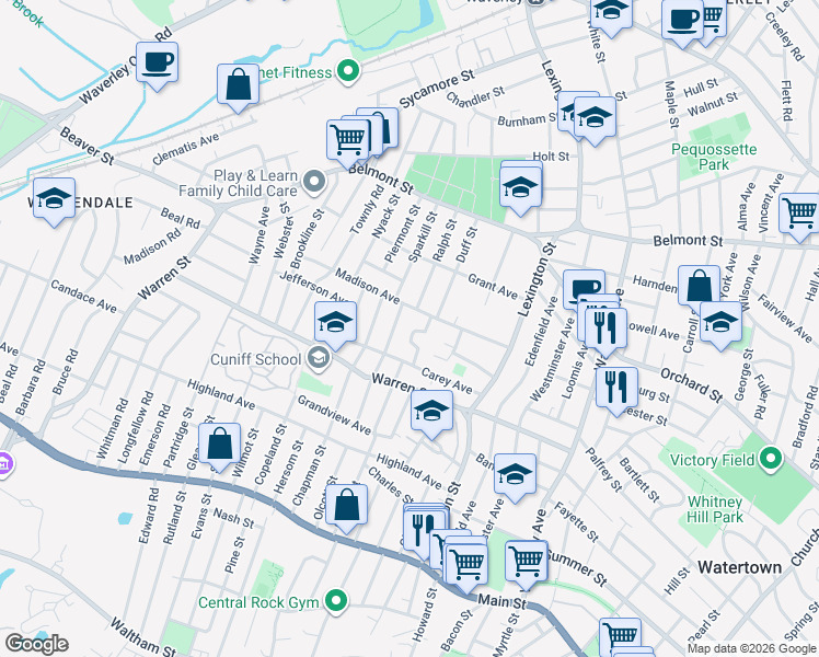 map of restaurants, bars, coffee shops, grocery stores, and more near 32 Rose Avenue in Watertown