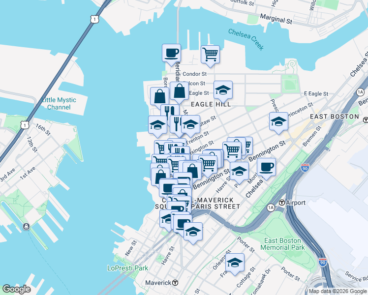 map of restaurants, bars, coffee shops, grocery stores, and more near 7 Trenton Street in Boston