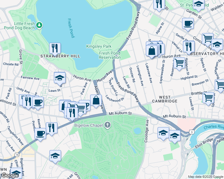 map of restaurants, bars, coffee shops, grocery stores, and more near 54 Fresh Pond Lane in Cambridge