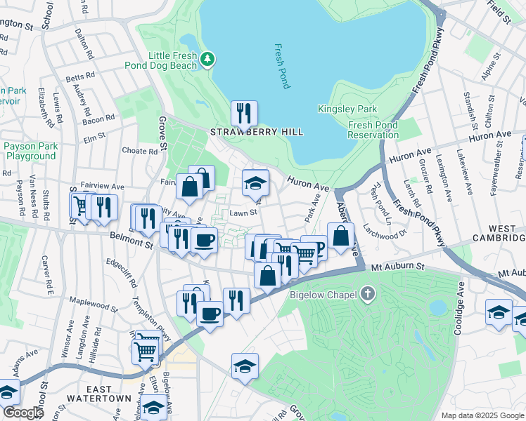 map of restaurants, bars, coffee shops, grocery stores, and more near 110 Cushing Street in Cambridge