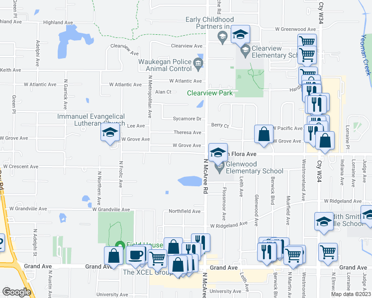 map of restaurants, bars, coffee shops, grocery stores, and more near 2629 West Grove Avenue in Waukegan