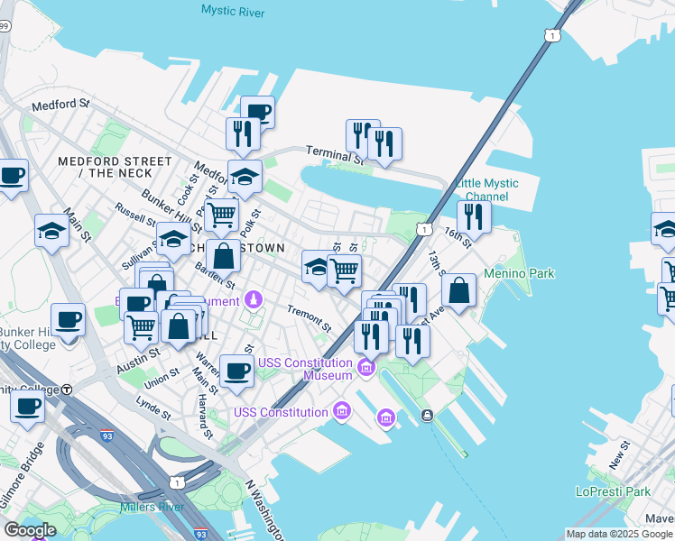 map of restaurants, bars, coffee shops, grocery stores, and more near 15 Tufts Street in Boston