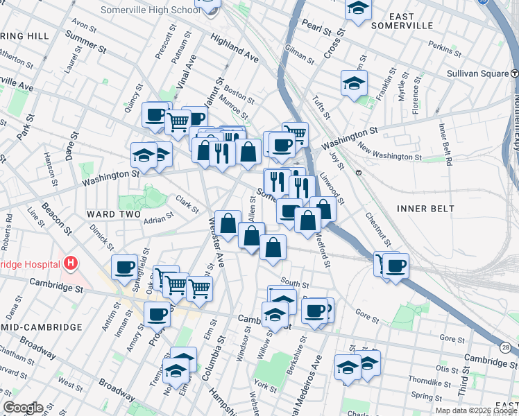 map of restaurants, bars, coffee shops, grocery stores, and more near 12 Linden Street in Somerville