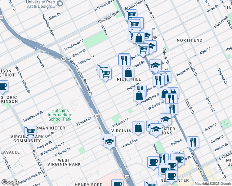 map of restaurants, bars, coffee shops, grocery stores, and more near 728 Blaine Street in Detroit