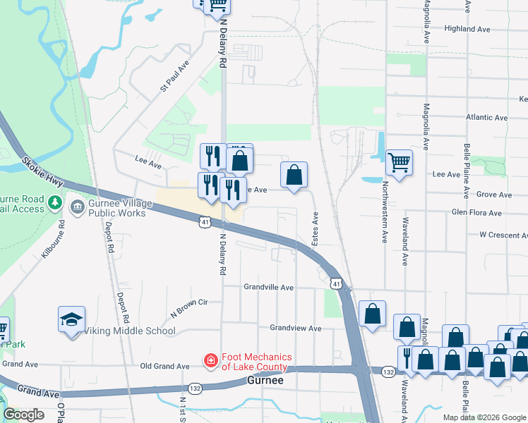 map of restaurants, bars, coffee shops, grocery stores, and more near 1283 Blackburn Street in Gurnee