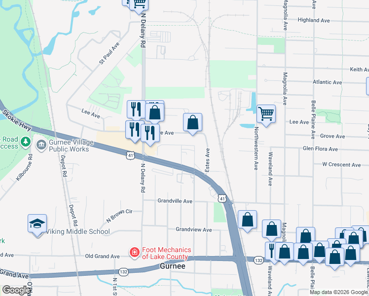 map of restaurants, bars, coffee shops, grocery stores, and more near 1283 Blackburn Street in Gurnee