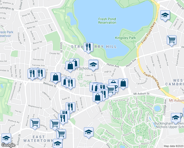 map of restaurants, bars, coffee shops, grocery stores, and more near 3 Lawn Street in Cambridge