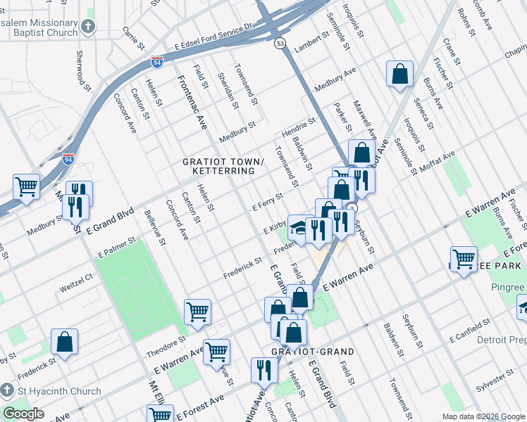 map of restaurants, bars, coffee shops, grocery stores, and more near 5457 Field Street in Detroit